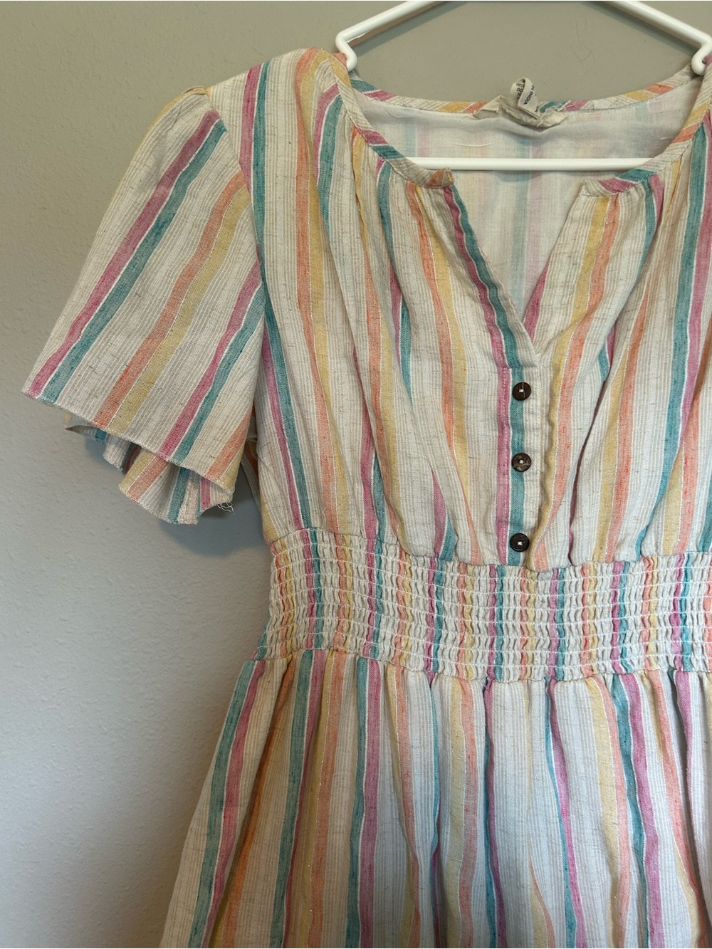 Boutique Smocked-Waist Midi Dress with Pastel Stripes
